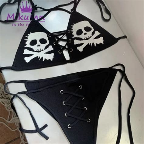 Gothic Punk Skull Print Sexy Bikini Suit Women Swimwear Y2k Summer Lace