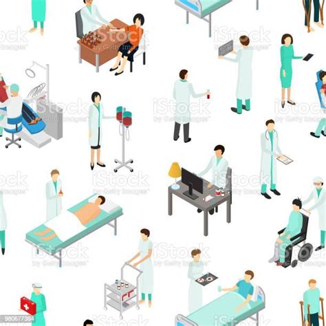 Nurses Attending Patients Seamless Pattern Background Isometric View