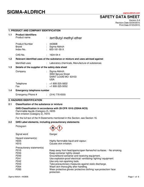 Tert Butyl Methyl Ether Msds Sigma Aldrich Sigma Aldrich