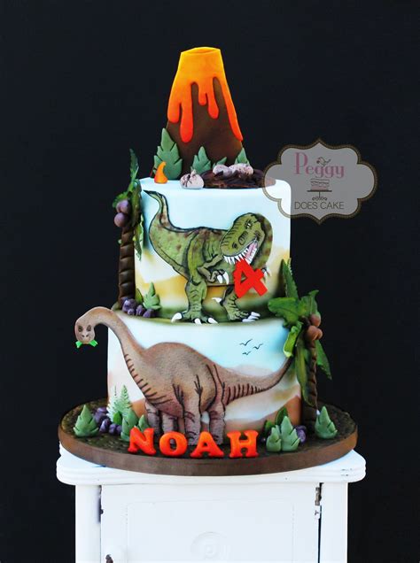 Dinosaur Cake With 2D Fondant T Rex Brontosaurus Volcano And