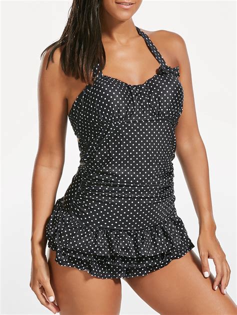 50 OFF Halter Polka Dot Ruffles Backless Swimsuit Rosegal