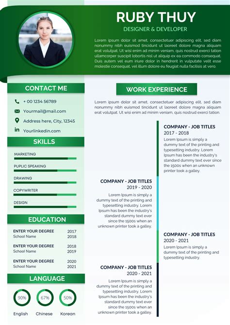 Green Gradient Creative And Modern Resume Template Design Template For