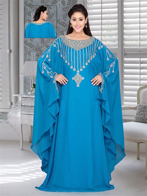 Turquoise Blue Embroidered Faux Georgette Farasha Zakarto