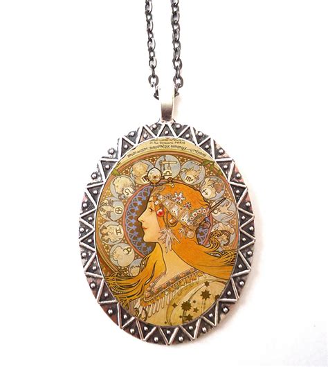 Alphonse Mucha Necklace Pendant Silver Tone Art Nouveau Etsy