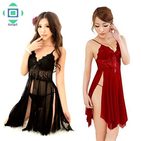 Women Lace Sexy Night Gown Robe Lingerie Sleepwear Sex Nighties Split Dress Nightgown With G
