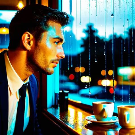 Handsome Man Drinks Coffee In Restaurant At Night Wh