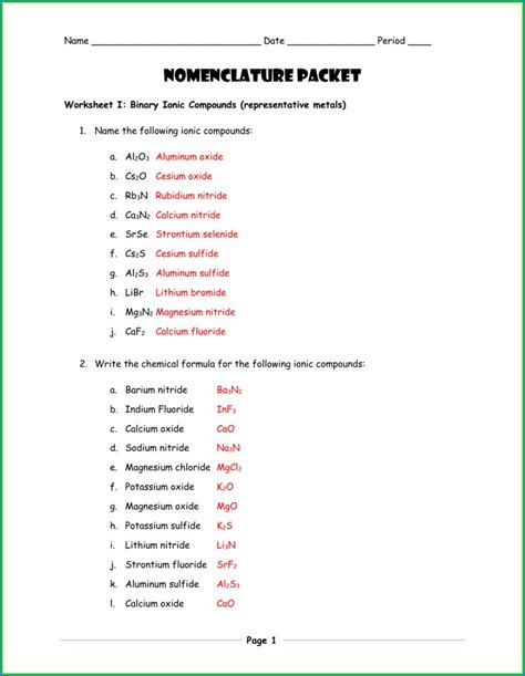 Naming And Writing Chemical Formulas Worksheet With Answers