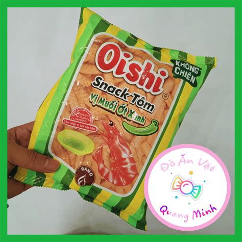 Bim bim Oishi Snack tôm vị muối ớt xanh gói lớn 32 g giòn cay thơm ngon