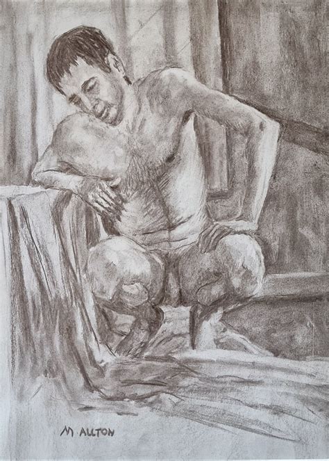 Male Nude Crouching Original Charcoal Drawing By Matthew Allton Etsy