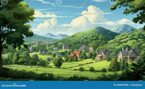 Cartoony Illustration Of Woodbury Connecticut Charming Houses And