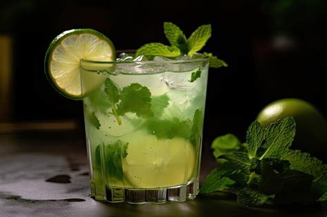 Premium AI Image Closeup Of Mojito Cocktail With Mint Leaves And Lime