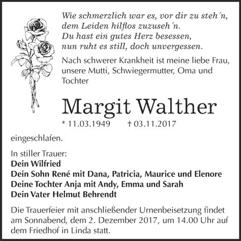 Traueranzeigen Von Margit Walther Abschied Nehmen De