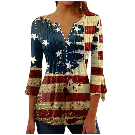 Paaisye July Th Womens American Flag Sleeve Tops Button Down V