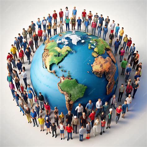 Premium Vector | A crowd of people standing around a globe with a blue