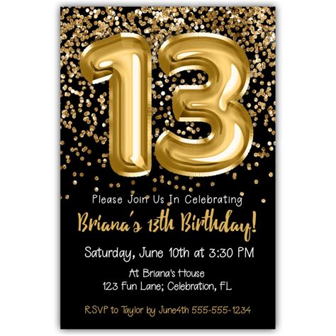 13th Birthday Invitation Gold Balloons Glitter On Black Birthday Party
