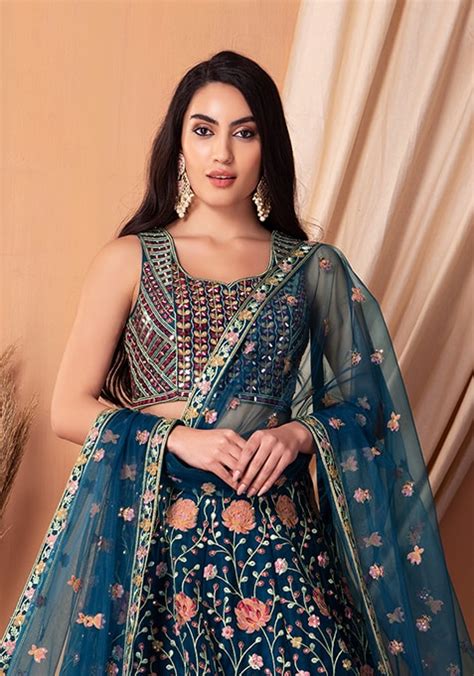 Buy Women Teal Blue Floral Jaal Embroidered Lehenga Set With Blouse And