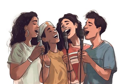 Um Desenho Animado De Um Grupo De Pessoas Cantando Juntas Foto Premium