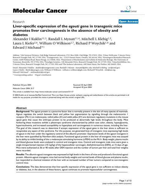 (PDF) Liver-specific expression of the agouti gene in transgenic mice promotes liver ...