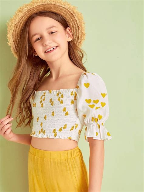 Shein Girls Frill Trim Flounce Sleeve Shirred Crop Top In 2021 Kids