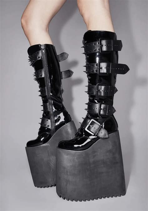 Widow Spiked Buckle Triple Stacked Platform Boots Black Punk Shoes