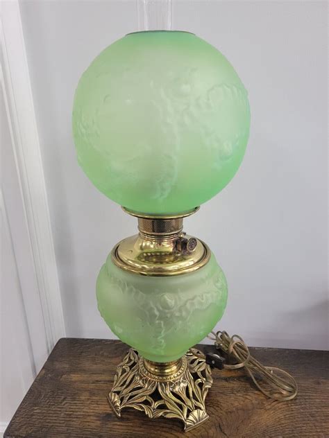 Antique Uranium Glass Lamp Gwtw Floral Rose Pattern Rare Vhtf Ebay