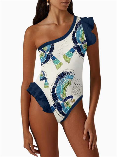 One Shoulder Ruffle Print One Piece Swimsuit Set Swim She