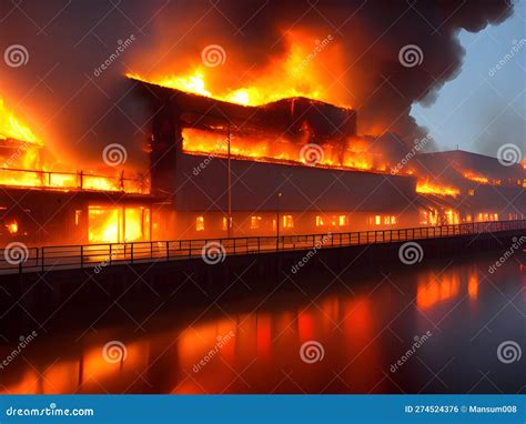 Red Hot Fire Burning Factory AI Generated Stock Illustration Illustration Of Building