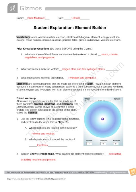 Student Exploration Element Builder Gizmo Answer Key