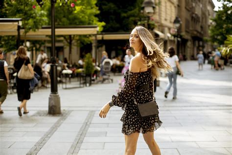 City Country Mmm Dd Yyyy Woman Walking On The Street Stock