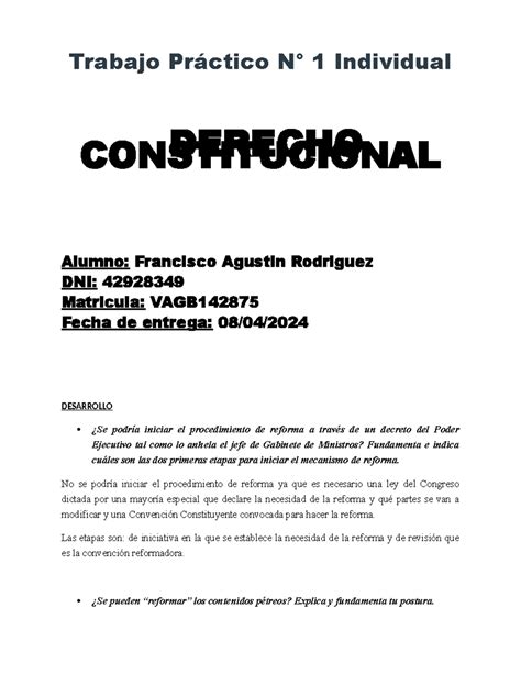 Tp Derecho Constitucional Trabajo Pr Ctico N Individual Derecho