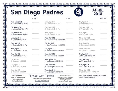 Printable 2018 San Diego Padres Schedule