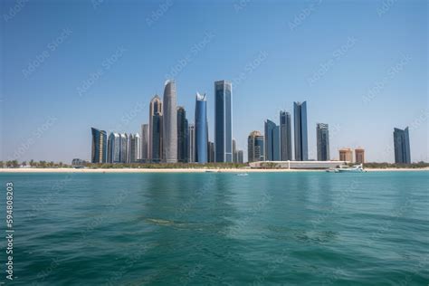 Abu Dhabi City Skyline Along Corniche Beach Taken From A Boat