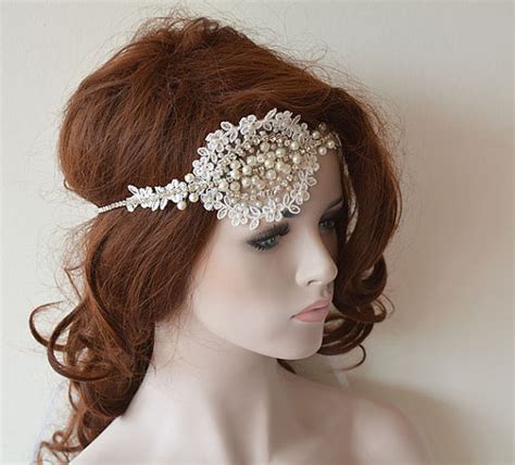 Ivory Bridal Lace Headband Rhinestone And Pearl Headpiece Lace Bridal Headband Bridal Hair