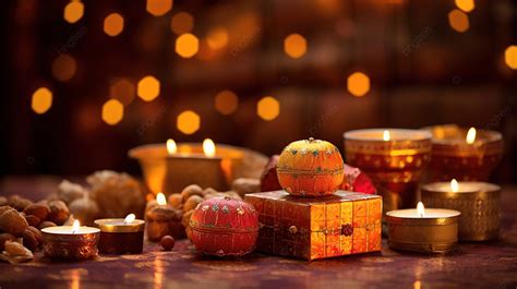 Diwali Diya Background Sweets Or Mithai And Gift Boxes Arranged Over