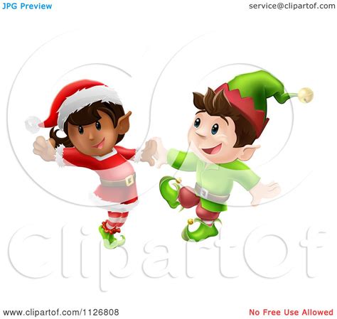 Clipart Of Happy Christmas Elves Dancing Together Royalty Free Vector