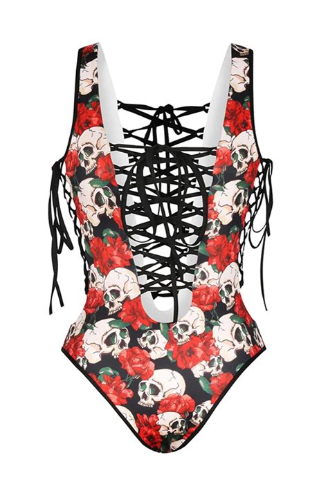 Skull Flower Cranium 3d Women Sexy Vivid Printed Lace Up Bathing Suit