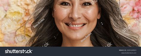 Smiling Mature Topless Woman Standing Posing Stock Photo