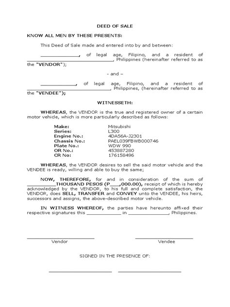 Deed Of Absolute Sale Car Template Templates Sample Printables