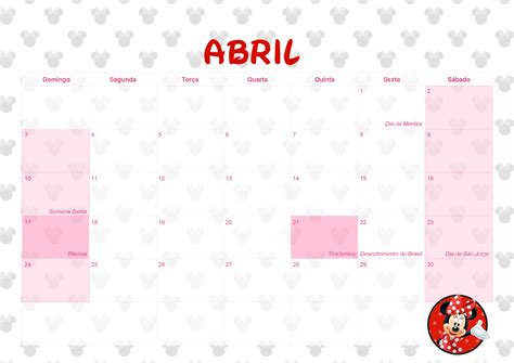 Calendario Mensal 2022 Minnie Vermelha Abril Fazendo A Nossa Festa