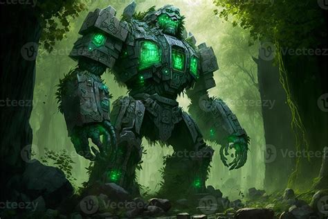 Giant Stone Golem In The Middle In The Forest Green Fog 22395288