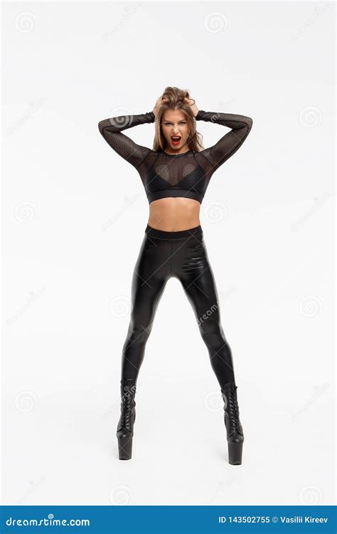 Attractive Charming Naked Woman In Leather Trousers And High Heels Stock Image Image Of