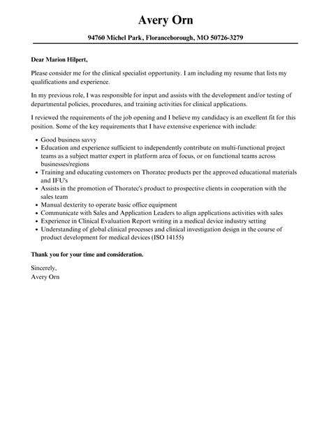 Clinical Specialist Cover Letter Velvet Jobs