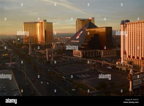 Aerial Golden Sunrise On Las Vegas Strip Near Luxor Mandalay Bay