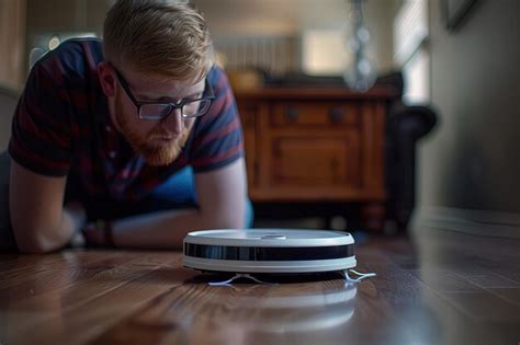 Premium Photo | A man looking at a robot on the floor