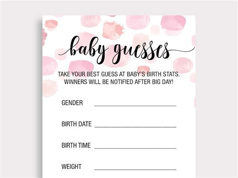 Baby Guesses Card Pink Baby Shower Games Prediction For Baby Guess The