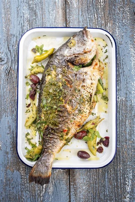 Traditional Fresh Greek Barbecue Gilthead Seabream With Pepperoni And