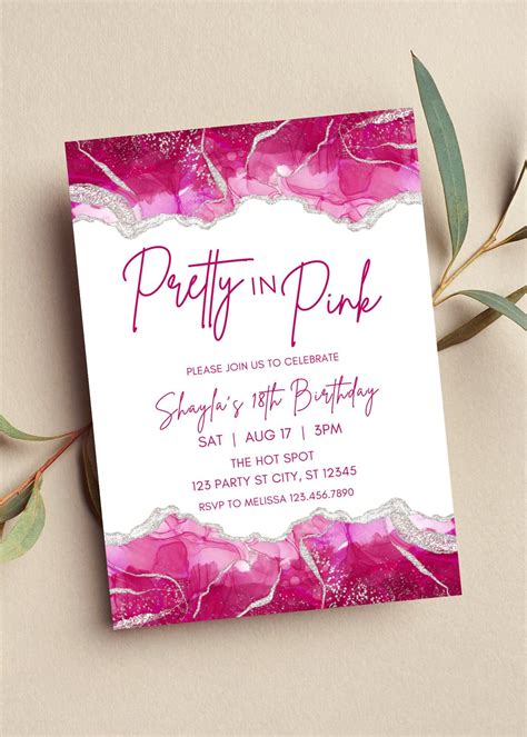 Editable Pink Birthday Invitation Pretty In Pink Hot Pink White And Silver Invitation Print