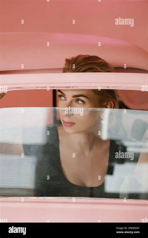 Romantic Vintage Blonde Sit Pink Car Look Aside Stock Photo Alamy
