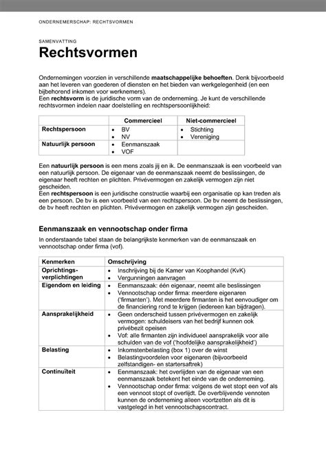 C Samenvatting T10096 O03s01 Rechtsvormen 1698842407 SAMENVATTING