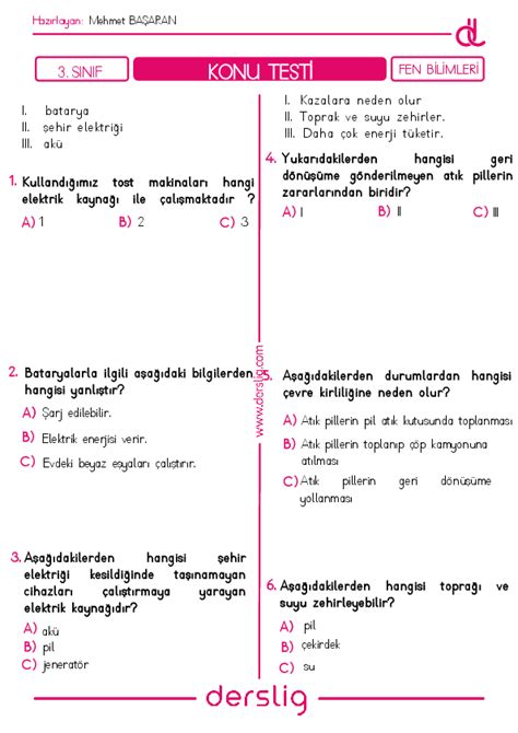 3 Sınıf Fen Bilimleri Pil Atıkları Yaprak Test Derslig